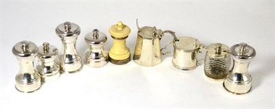 Lot 498 - Seven silver, silver plated and silver mounted pepper grinders and two mustard pots