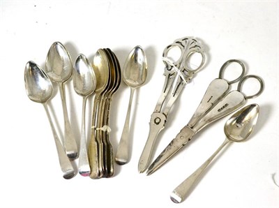 Lot 505 - A set of six silver teaspoons and a set of five silver teaspoons and two pairs of decorative plated