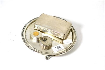 Lot 506 - A Continental silver waiter, Continental silver box, a silver box mounted with a half sovereign and