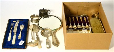 Lot 515 - A group of silver including flatware, sauce ladles, mustard, napkin rings, brushes, etc