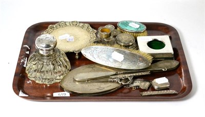 Lot 519 - A good collection of silver including three decanter labels, inkwell, waiter, enamelled brush,...