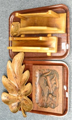 Lot 533 - A Mouseman ashtray, two miniature carved oak gates, a leaf shaped dish carved with a rabbit and...