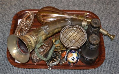 Lot 534 - A brass and copper shot flask, two oval silver mounted dressing table dishes, a silver plated...