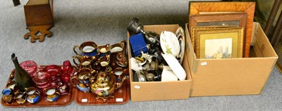 Lot 535 - Two trays including copper lustre ware, cranberry glass, horse brasses, miniature silver plated...