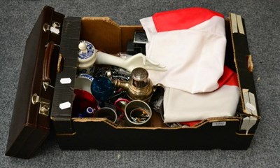 Lot 1002 - Masonic apron in a leather case, plated cocktail shaker, postcards, coins, magnetic jewellery etc