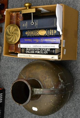 Lot 1005 - A quantity of reference books, brass door lock, brass spy hole and a copper/brass jug