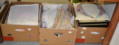 Lot 1016 - Three boxes of crocheted and embroidered table and other linens, including small unframed...