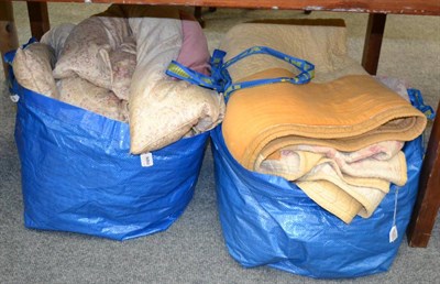 Lot 1020 - Orange patchwork quilt, 1930s colourful patched cotton quilt and three eiderdowns (in two bags)