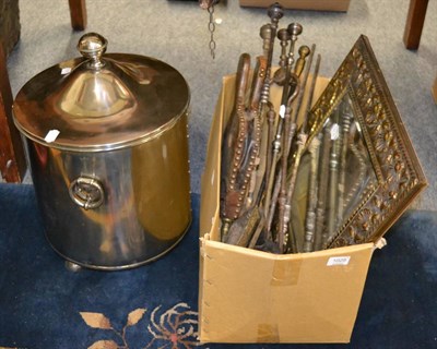 Lot 1028 - A coal bin, a brass mirror and a small quantity of fire tools