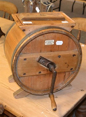 Lot 1045 - A coopered pine butter churn with ivorine label ";G Cooper, Ironmonger, Pickering"