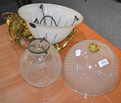 Lot 1055 - A Victorian white overlay glass shade, gilt metal ceiling light with cut glass shade and an...