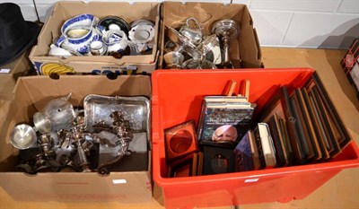 Lot 1065 - Two boxes of electroplate, a box of pottery and a box of pictures