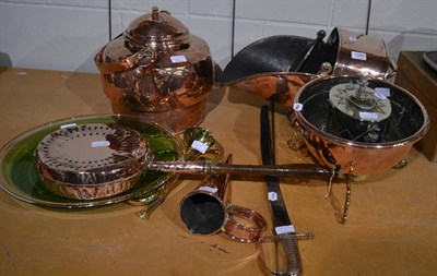 Lot 1068 - A large copper kettle, copper coal hod, copper bowl on brass stand, brass horn and modern green...