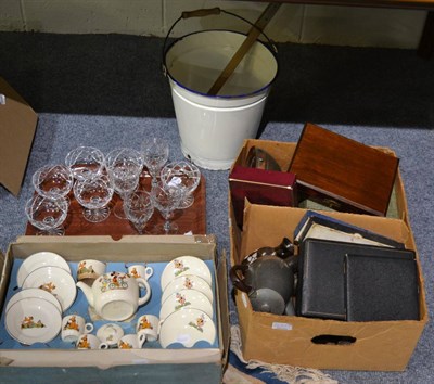 Lot 1077 - Dolls Disney nursery teaset (in card box), cut glassware, flatwares and cased cutlery, enamel pail