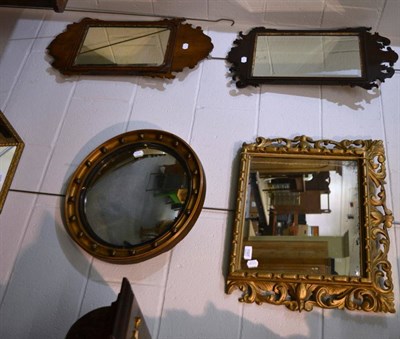 Lot 1101 - Five small wall mirrors including giltwood, silvered, convex and two fret-cut