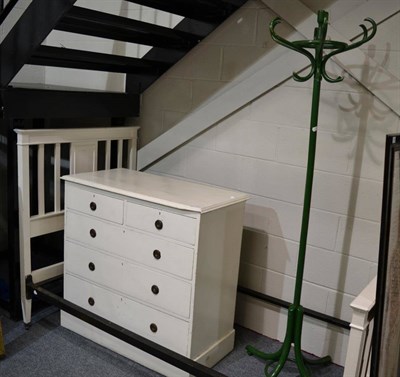 Lot 1105 - A white painted four height chest of drawers, similar bedstead with side bars and a green...