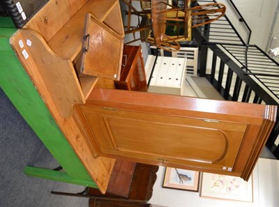 Lot 1120 - Pine corner cupboard, pine two tier hanging shelf and twin handled tray (3)