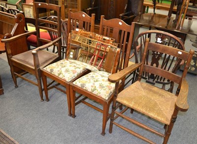 Lot 1139 - An Arts & Crafts carver with a pad seat, an Arts & Crafts carver with rush seat and a pair of...