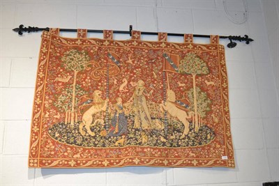 Lot 1148 - Machine worked 18th century style wall hanging, together with hanging pole