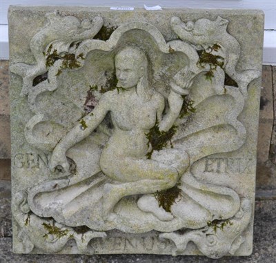 Lot 1160 - A composition garden wall plaque of Venus emerging from a clam shell with Roman numerals to the...