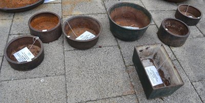 Lot 1170 - Six circular metal planters/feeders of assorted sizes and a rectangular metal planter