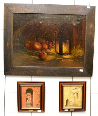 Lot 1324 - Follower of Schalken, Basket of apples by lamp light, oil on canvas, together with two modern works