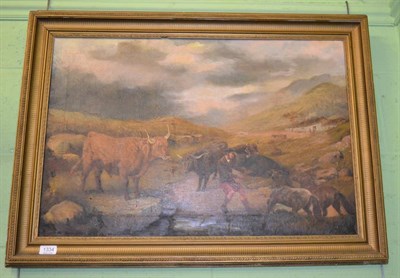 Lot 1334 - 19th century school, Herding ponies and cattle, oil on canvas