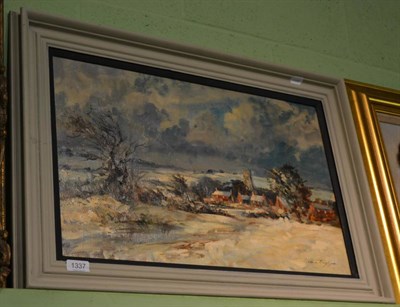 Lot 1337 - Ewan Taylor (20th century) Village landscape, signed, oil on canvas, 38.5cm by 58.5cm