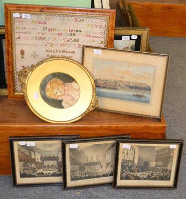 Lot 1364 - Framed 1870 sampler, circular watercolour portrait of a girl in ornate gilt frame, 1793 print...