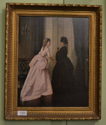 Lot 1365 - Follower of Frank Stone (19th/20th century), Elegant ladies bidding farewell in a interior,...