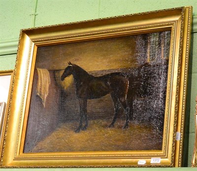 Lot 1372 - Henry Crowther (1905-1939) A portrait of a bay stallion standing in a stable, signed and...