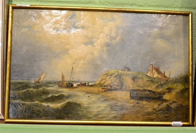 Lot 1380 - Sam Bough RSA (1822-1878) Coastal scene with beached fishing vessels and figures, signed on...