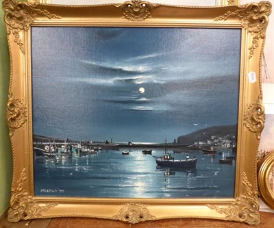 Lot 1391 - Nigel Hallard (20th century) Harbour by moonlight, signed and dated (19)77, oil on board...