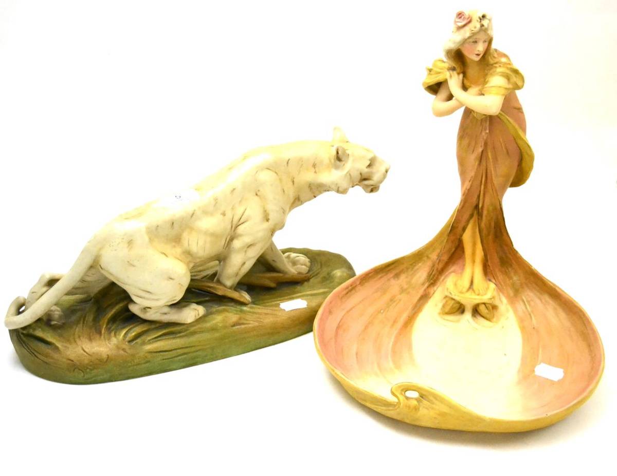 Lot 5 - A Royal Dux tiger and a Royal Dux figural bowl (2) (a.f.)