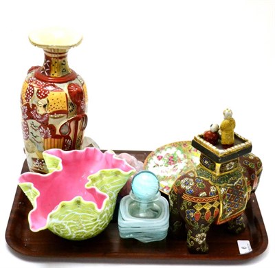 Lot 6 - A group of items including a Canton famille rose plate, Oriental pottery elephant model, three rose