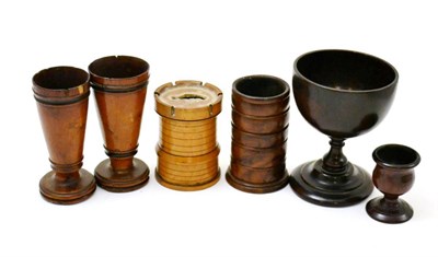 Lot 12 - Pair of 18th century turned fruitwood spill vases, an 18th century mahogany turned stem cup and...