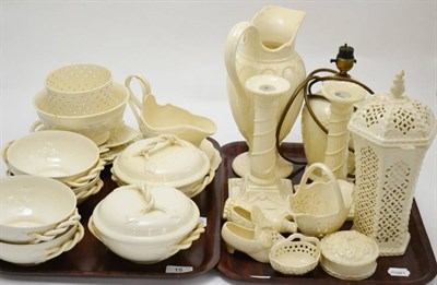 Lot 15 - A quantity of modern Leeds creamware including a table lamp, covered dishes, a jug pierced...