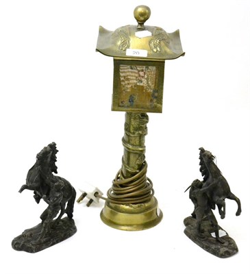 Lot 20 - A pair of Marley horses (a.f.) together with a Chinese brass pagoda form table lamp