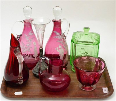 Lot 36 - A tray of 19th century and later glass including a pair of Mary Gregory style decanters, a ruby...