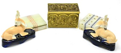 Lot 47 - Two onyx boxes, a brass casket and a pair of Staffordshire deer quill holders