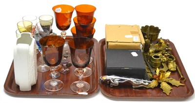 Lot 49 - Jaguar car mascot, two inkwells, game etched glasses, brass etc, on two trays