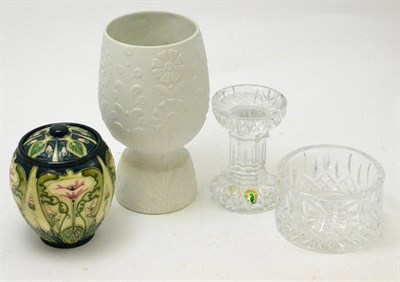 Lot 56 - Waterford Bethany pillar candlestick, Waterford Lismore champagne coaster, Moorcroft 401/5...