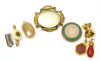 Lot 60 - Three yellow metal mounted brooches, one stamped '9CT' together with four items of costume...