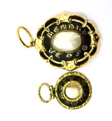 Lot 63 - Two Victorian yellow metal and enamel mourning pendants, one mounted with a Mabe pearl (2)