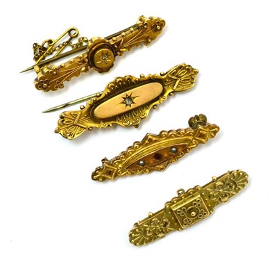 Lot 68 - A group of four Victorian bar brooches, one stamped '15K' and three '9CT'