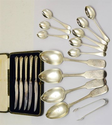 Lot 75 - A cased set of five tea knives, assorted teaspoons and a set of Russian tablespoons