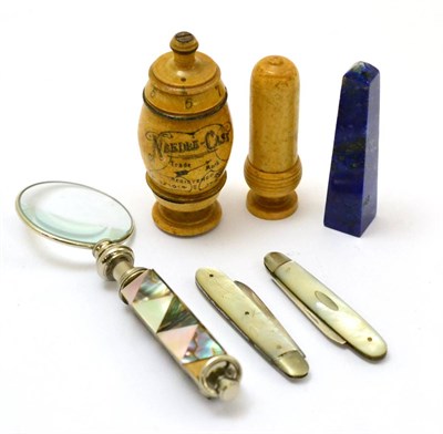 Lot 94 - An Asbro treen needle case an 'acorn' needle case, a mother-of-pearl veneered telescopic magnifying