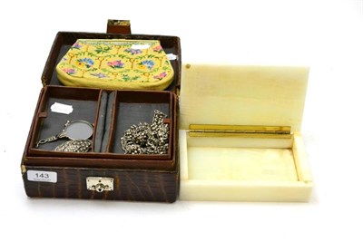 Lot 143 - A crocodile skin jewellery box containing a lorgnette, paste brooch/earrings and a necklace...