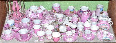 Lot 152 - A Victorian pink glass lustre and a collection of pink lustre souvenir china etc