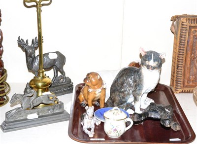 Lot 156 - Three pieces of Royal Copenhagen together with two pottery models of dogs and a model of a cat,...